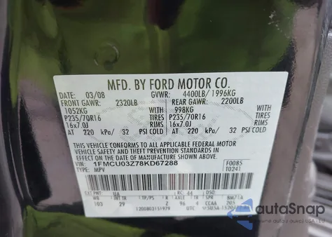 2008 Ford Escape Xlt z USA, uszkodzony, nr VIN 1FMCU03Z78KD67288